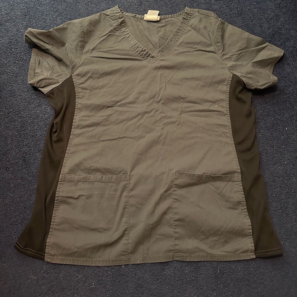Size XL Grey Scrub Top with Black Stretchy and breathable panels on the sides